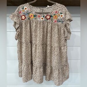 Oddi Floral Embroidered Leopard Print Blouse